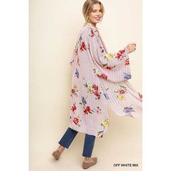 Umgee Floral Striped Print Open Front Long Kimono Side Slits Reg/Plus Sizes - Picture 3 of 4